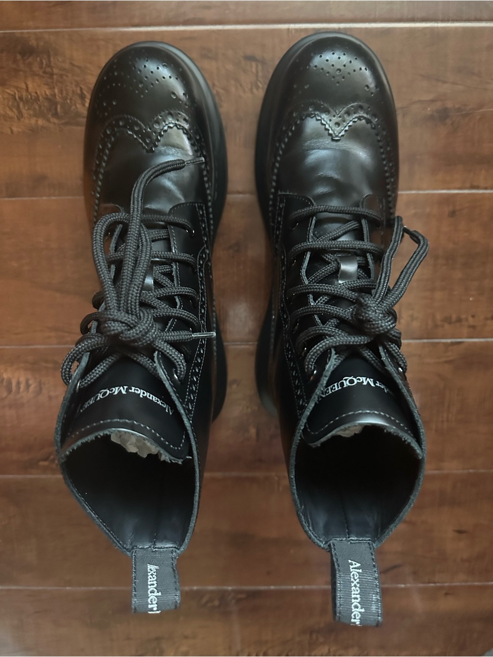 Alexander McQueen Black Leather Brogue Combat Boots
